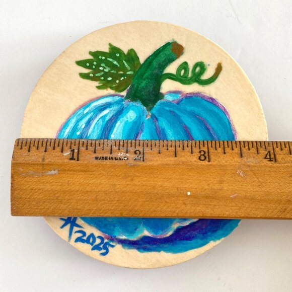 Blue Pumpkin Original Acrylic Painting on Wood Round 4in Desk or Wall Art - Picture 5 of 6